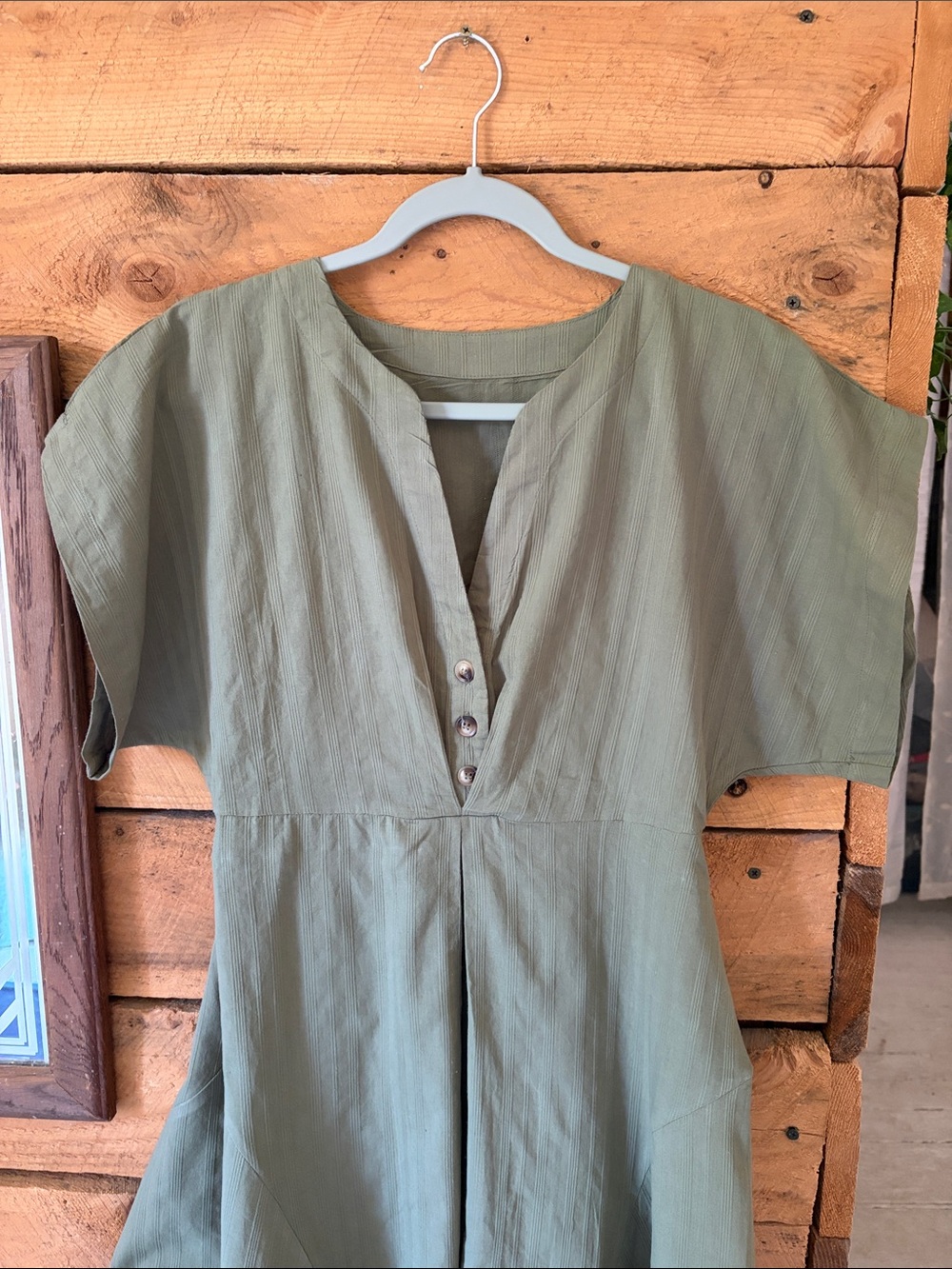 Olive Green V-Neck Button Front Dress